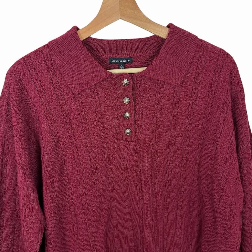 Violets & Roses Pullover Henley Sweater Tunic Top Large Dark Rumba Red Collared - Picture 4 of 10